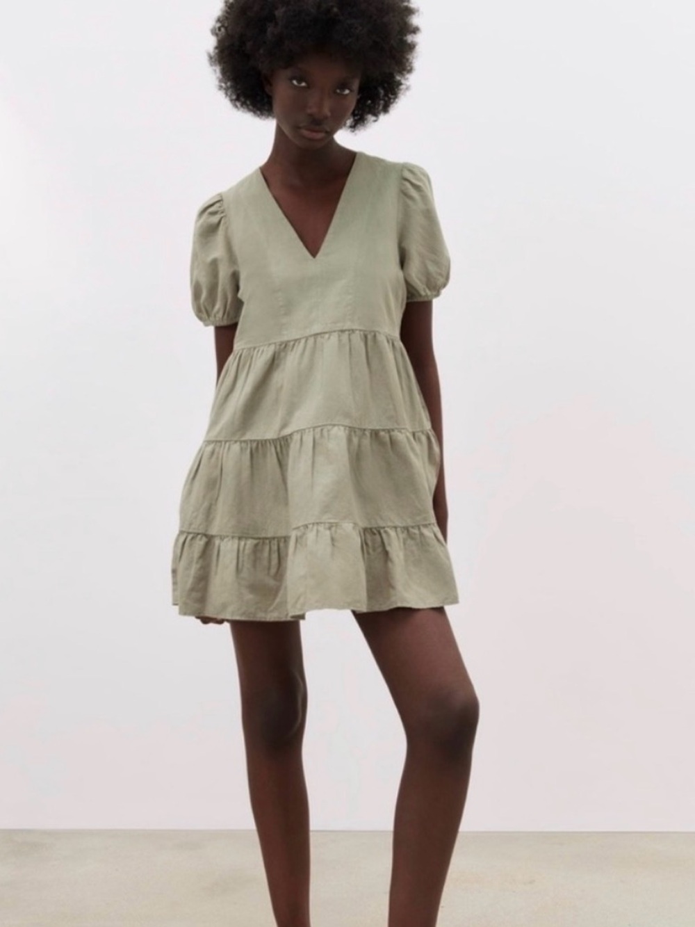 Zara Olive Green Puff Sleeve Tiered Ruffle Mini Dress Size M